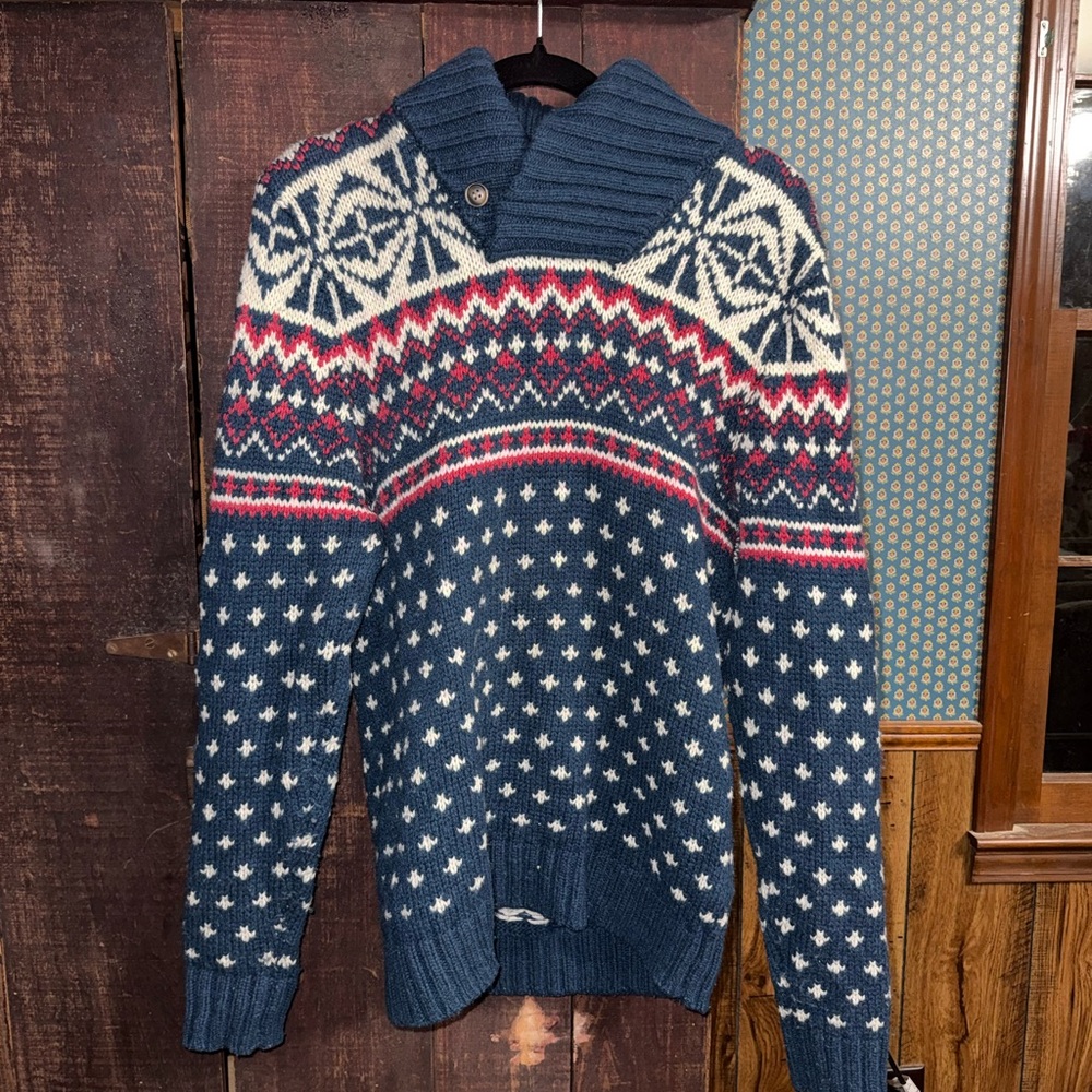 H&M L.O.G.G Mens Heavy Snowflake Knit Sweater w/ Shawl Collar Wool Blend